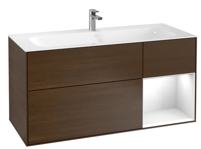 Тумба под раковину Villeroy & Boch Finion 119,6х49,8 см с подсветкой ДСП шпон грецкого ореха/глянцевый белый лак F070GFGN