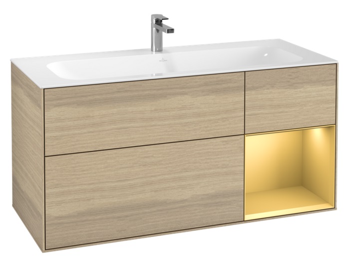 Тумба под раковину Villeroy & Boch Finion 119,6х49,8 см с подсветкой ДСП шпон дуба/золотой матовый лак F070HFPC