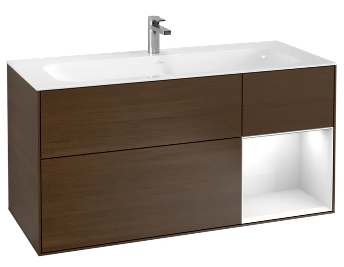 Тумба под раковину Villeroy & Boch Finion 119,6х49,8 см с подсветкой ДСП шпон грецкого ореха/глянцевый белый лак G070GFGN