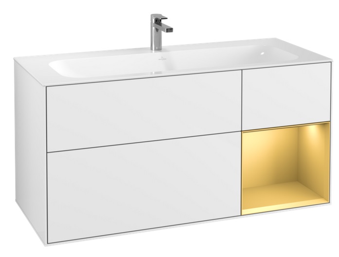 Тумба під раковину Villeroy & Boch Finion 119,6х49,8 см з підсвічуванням МДФ білий глянцевий лак/золотий матовий лак G070HFGF