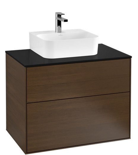 Тумба під раковину Villeroy & Boch Finion 80х50,1 см ДСП шпон волоського горіха/скло чорне матове F08200GN