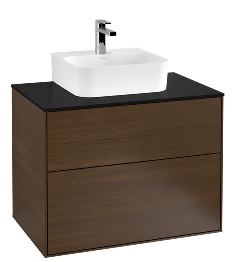 Тумба під раковину Villeroy & Boch Finion 80х50,1 см з підсвічуванням ДСП шпон волоського горіха/скло чорне матове G08200GN