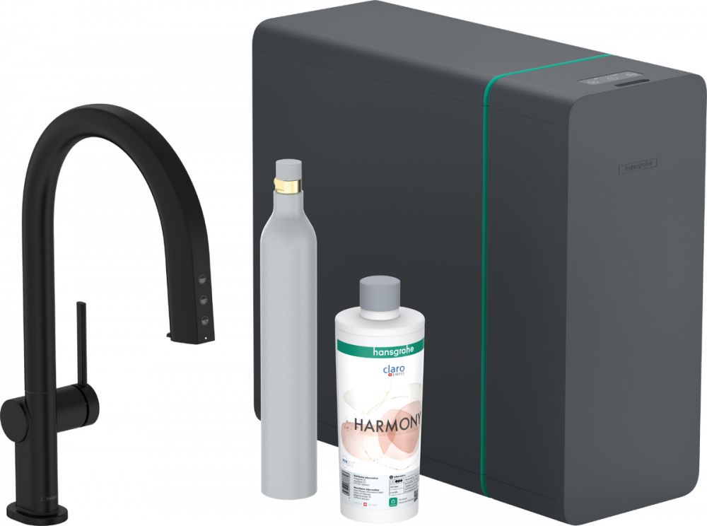 Змішувач для кухні Hansgrohe Aqittura M91 SodaSystem 210 одноважільний висувний вилив sbox стартовий набір чорний матовий 76806670