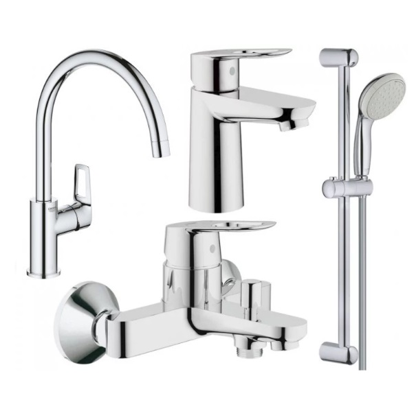 Комплект смесителей для ванной и кухни Grohe BauLoop 4 в 1 с душевым набором хром UA123225K1