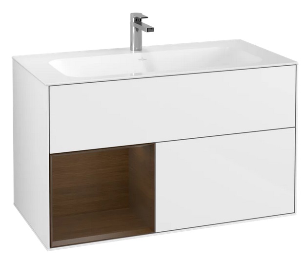 Тумба под раковину Villeroy & Boch Finion 99,6х49,8 см с подсветкой МДФ глянцевый белый лак/шпон грецкого ореха G030GNGF