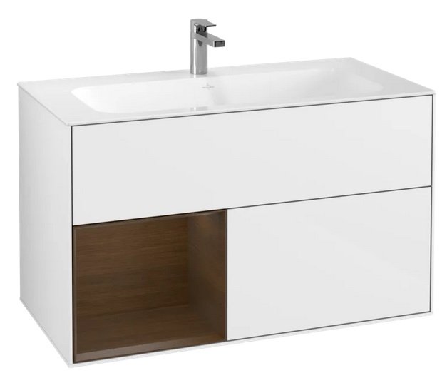 Тумба под раковину Villeroy & Boch Finion 99,6х49,8 см с подсветкой МДФ глянцевый белый лак/шпон грецкого ореха G030GNGF