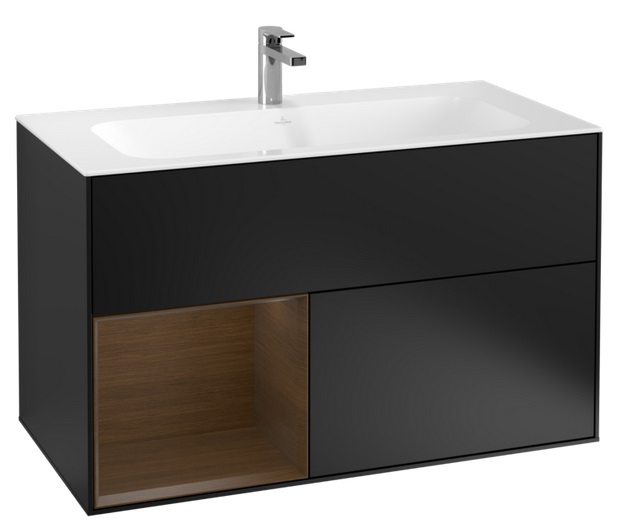 Тумба под раковину Villeroy & Boch Finion 99,6х49,8 см с подсветкой МДФ черный матовый лак/шпон грецкого ореха G030GNPD