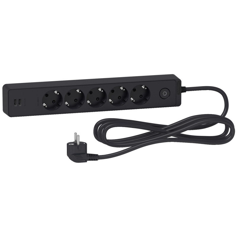 Подовжувач Schneider Electric Unica 5 розеток із заземленням 2 USB 3 м чорний ST945U3B