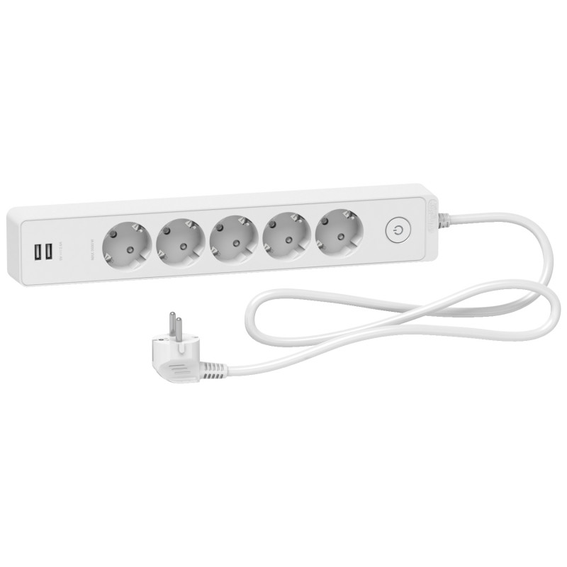 Удлинитель Schneider Electric Unica 5 розеток с заземлением 2 USB 1,5 м белый ST945U1W