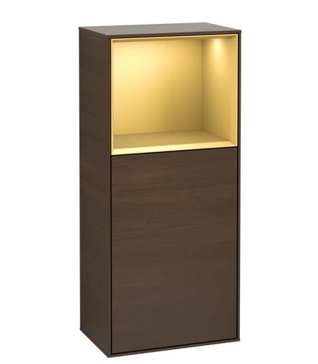 Шафка для ванної Villeroy & Boch Finion 41,8х93,6х27 см петлі зліва з підсвічуванням ДСП шпон волоського горіха/золотий матовий лак F500HFGN