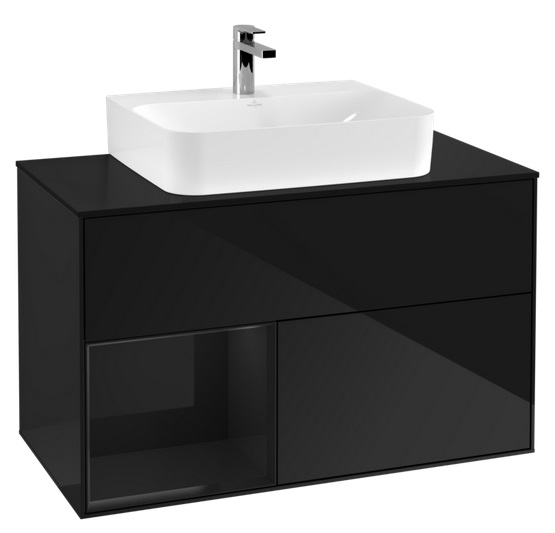 Тумба под раковину Villeroy & Boch Finion 100х50,1 см с подсветкой МДФ глянцевый черный лак/стекло черное матовое F112PHPH