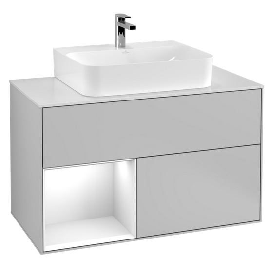 Тумба під раковину Villeroy & Boch Finion 100х50,1 см із підсвічуванням МДФ світло-сірий матовий лак/глянцевий білий лак/скло біле матове G111GFGJ