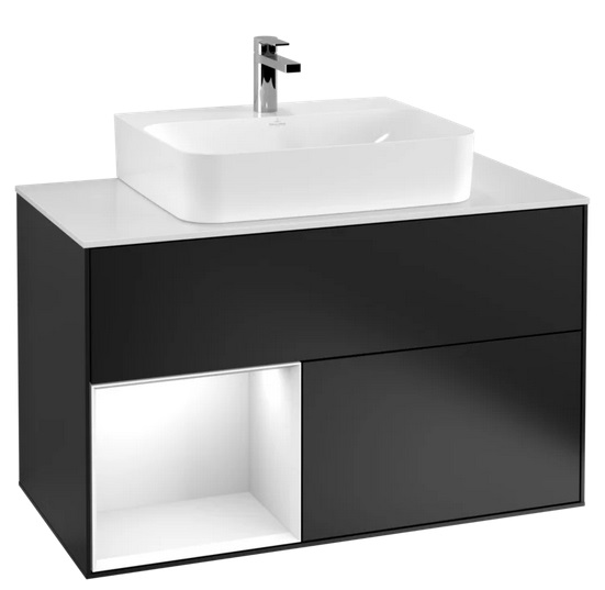 Тумба под раковину Villeroy & Boch Finion 100х50,1 см с подсветкой МДФ черный матовый лак/глянцевый белый лак/стекло белое матовое G111GFPD