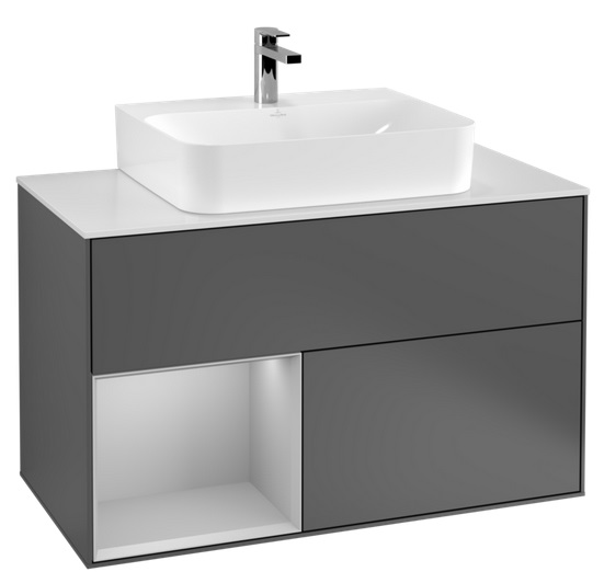 Тумба під раковину Villeroy & Boch Finion 100х50,1 см з підсвічуванням МДФ антрацит матовий лак/світло-сірий матовий лак/скло біле матове G111GJGK