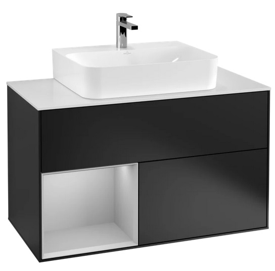 Тумба под раковину Villeroy & Boch Finion 100х50,1 см с подсветкой МДФ черный матовый лак/светло-серый матовый лак/стекло белое матовое G111GJPD