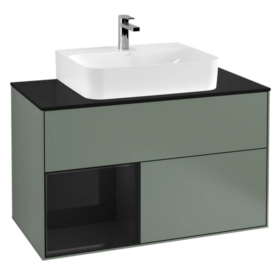 Тумба под раковину Villeroy & Boch Finion 100х50,1 см с подсветкой МДФ оливковый матовый лак/глянцевый черный лак/стекло черное матовое F112PHGM