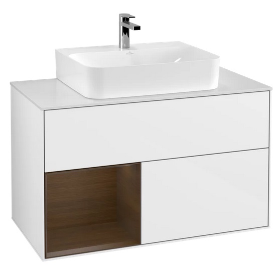 Тумба под раковину Villeroy & Boch Finion 100х50,1 см с подсветкой МДФ глянцевый белый лак/шпон грецкого ореха/стекло белое матовое G111GNGF