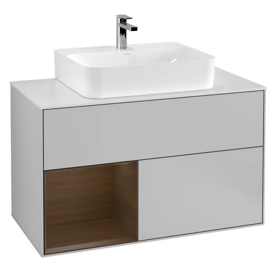 Тумба под раковину Villeroy & Boch Finion 100х50,1 см с подсветкой МДФ светло-серый матовый лак/шпон грецкого ореха/стекло белое матовое G111GNGJ