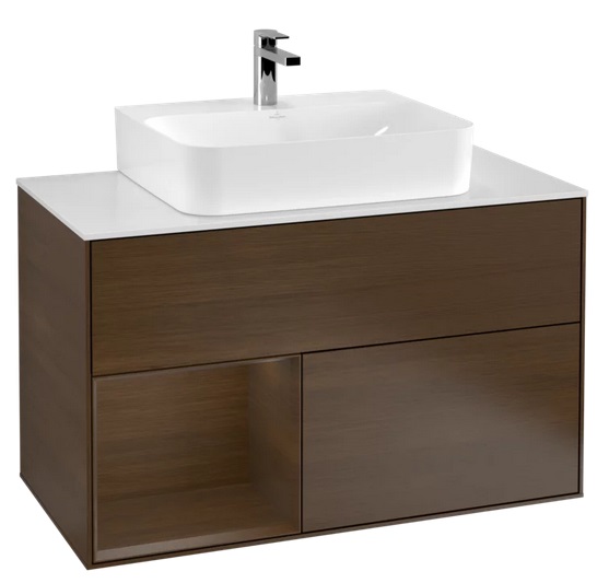 Тумба под раковину Villeroy & Boch Finion 100х50,1 см с подсветкой ДСП шпон грецкого ореха/стекло белое матовое G111GNGN