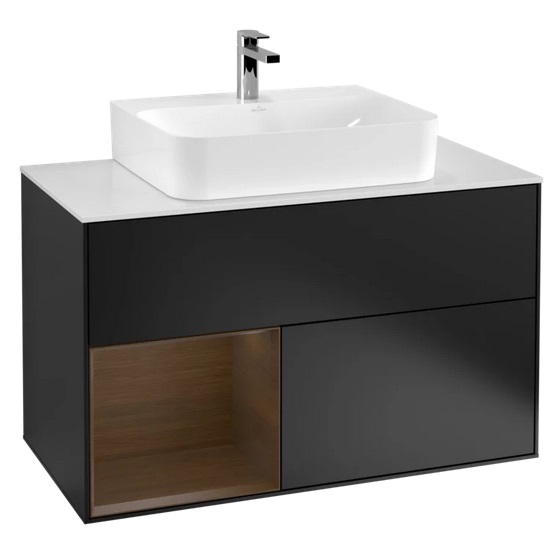 Тумба под раковину Villeroy & Boch Finion 100х50,1 см с подсветкой МДФ черный матовый лак/шпон грецкого ореха/стекло белое матовое G111GNPD