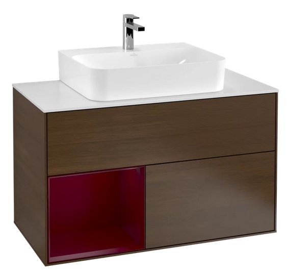 Тумба под раковину Villeroy & Boch Finion 100х50,1 см с подсветкой ДСП шпон грецкого ореха/пион матовый лак/стекло белое матовое G111HBGN