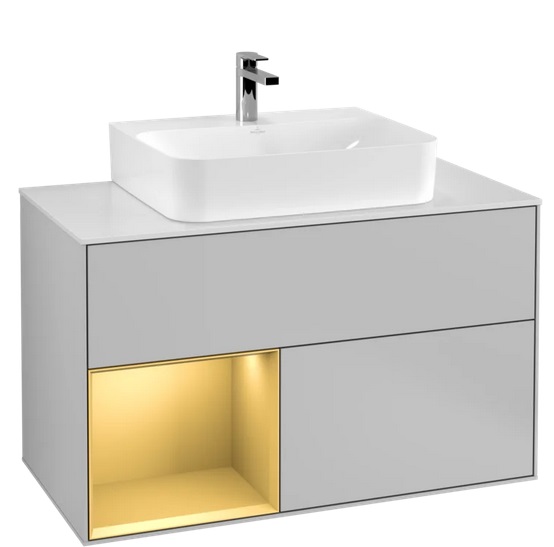 Тумба под раковину Villeroy & Boch Finion 100х50,1 см с подсветкой МДФ светло-серый матовый лак/золотой матовый лак/стекло белое матовое G111HFGJ