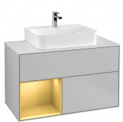 Тумба под раковину Villeroy & Boch Finion 100х50,1 см с подсветкой МДФ светло-серый матовый лак/золотой матовый лак/стекло белое матовое G111HFGJ