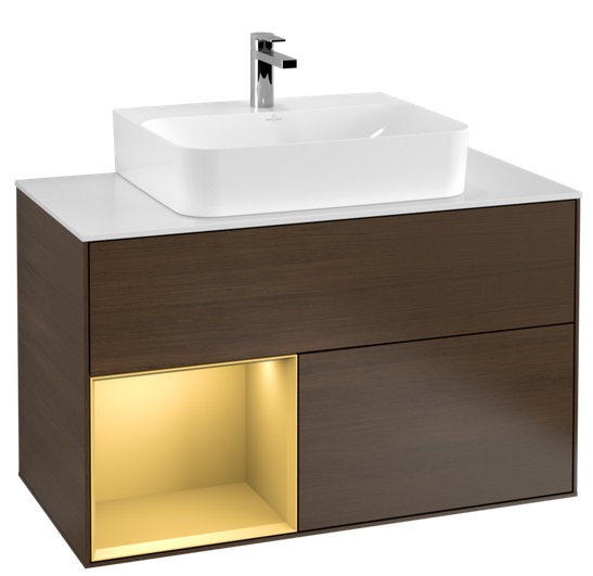 Тумба под раковину Villeroy & Boch Finion 100х50,1 см с подсветкой ДСП шпон грецкого ореха/золотой матовый лак/стекло белое матовое G111HFGN