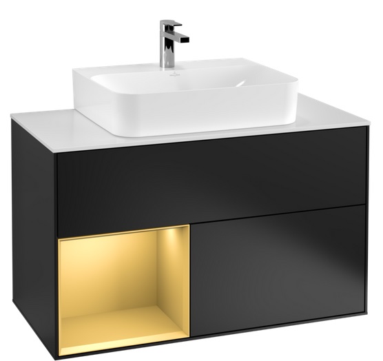 Тумба под раковину Villeroy & Boch Finion 100х50,1 см с подсветкой МДФ черный матовый лак/золотой матовый лак/стекло белое матовое G111HFPD