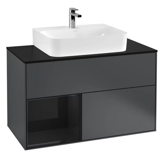 Тумба под раковину Villeroy & Boch Finion 100х50,1 см с подсветкой МДФ темно-синий матовый лак/глянцевый черный лак/стекло черное матовое F112PHHG