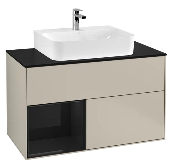 Тумба под раковину Villeroy & Boch Finion 100х50,1 см с подсветкой МДФ песок матовый лак/глянцевый черный лак/стекло черное матовое F112PHHH