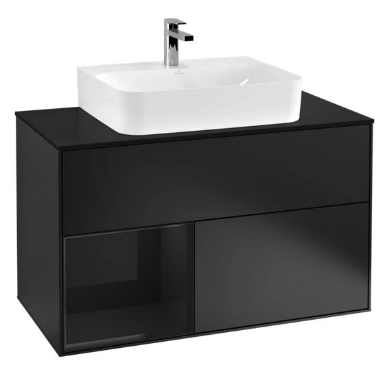 Тумба під раковину Villeroy & Boch Finion 100х50,1 см із підсвічуванням МДФ чорний матовий лак/глянцевий чорний лак/скло чорне матове F112PHPD