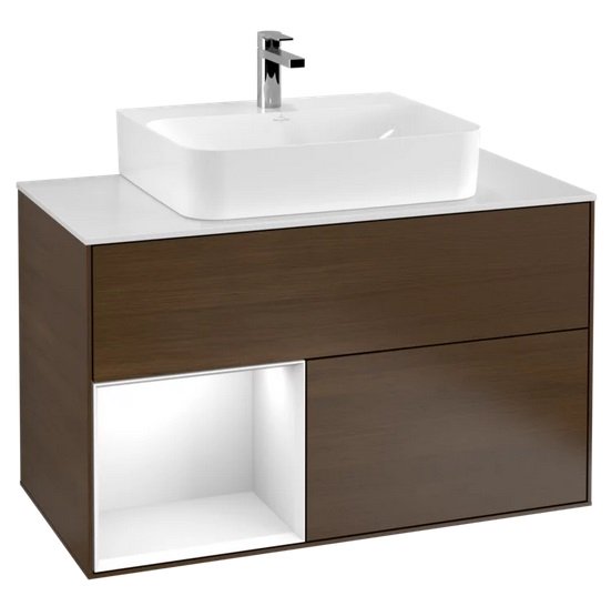 Тумба под раковину Villeroy & Boch Finion 100х50,1 см с подсветкой ДСП шпон грецкого ореха/глянцевый белый лак/стекло белое матовое G111GFGN