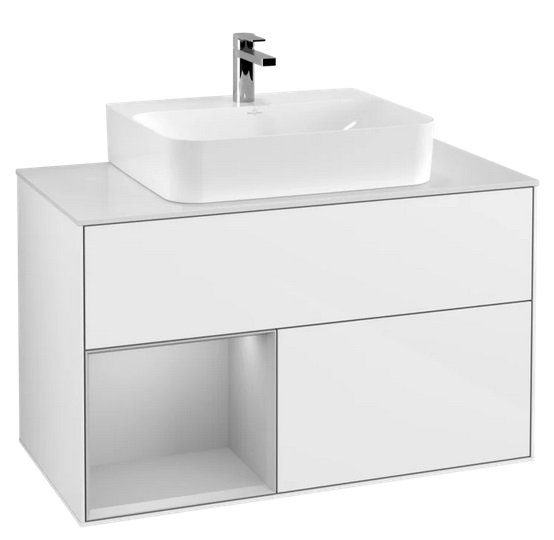 Тумба під раковину Villeroy & Boch Finion 100х50,1 см із підсвічуванням МДФ глянсовий білий лак/світло-сірий матовий лак/скло біле матове G111GJGF