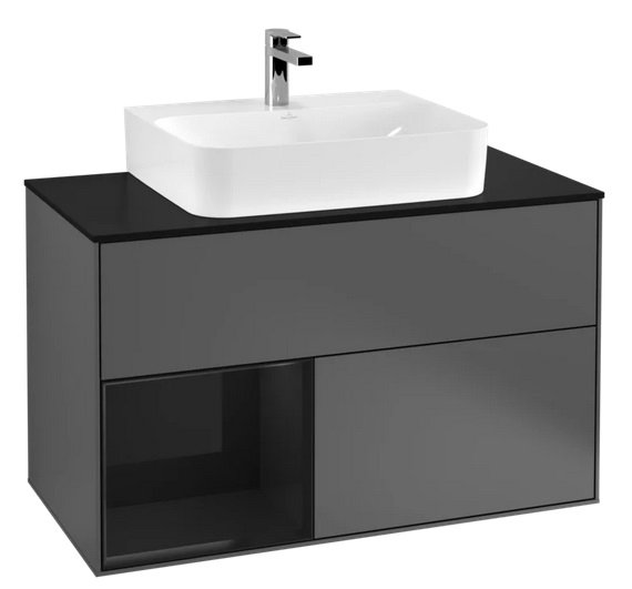 Тумба под раковину Villeroy & Boch Finion 100х50,1 см с подсветкой МДФ антрацит матовый лак/глянцевый черный лак/стекло черное матовое F112PHGK