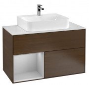 Тумба под раковину Villeroy & Boch Finion 100х50,1 см с подсветкой ДСП шпон грецкого ореха/светло-серый матовый лак/стекло белое матовое G111GJGN