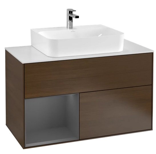 Тумба под раковину Villeroy & Boch Finion 100х50,1 см с подсветкой ДСП шпон грецкого ореха/антрацит матовый лак/стекло белое матовое G111GKGN