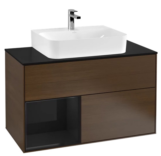 Тумба під раковину Villeroy & Boch Finion 100х50,1 см з підсвічуванням ДСП шпон волоського горіха/чорний глянцевий лак/скло чорне матове F112PHGN