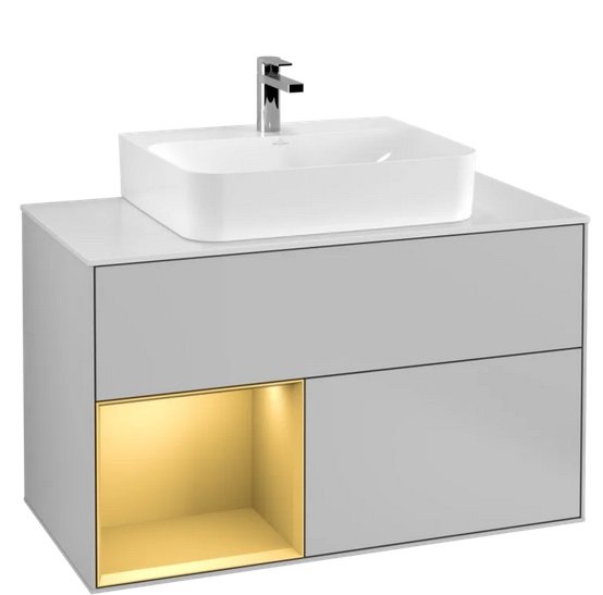 Тумба под раковину Villeroy & Boch Finion 100х50,1 см с подсветкой МДФ светло-серый матовый лак/золотой матовый лак/стекло белое матовое G111HFGJ