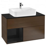 Тумба под раковину Villeroy & Boch Finion 100х50,1 см с подсветкой ДСП шпон грецкого ореха/глянцевый черный лак/стекло черное матовое F112PHGN