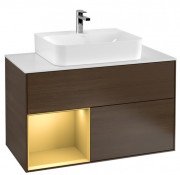 Тумба под раковину Villeroy & Boch Finion 100х50,1 см с подсветкой ДСП шпон грецкого ореха/золотой матовый лак/стекло белое матовое G111HFGN