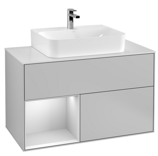 Тумба под раковину Villeroy & Boch Finion 100х50,1 см с подсветкой МДФ светло-серый матовый лак/белый матовый лак/стекло белое матовое G111MTGJ