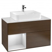 Тумба під раковину Villeroy & Boch Finion 100х50,1 см з підсвічуванням ДСП шпон волоського горіха/білий матовий лак/скло біле матове G111MTGN