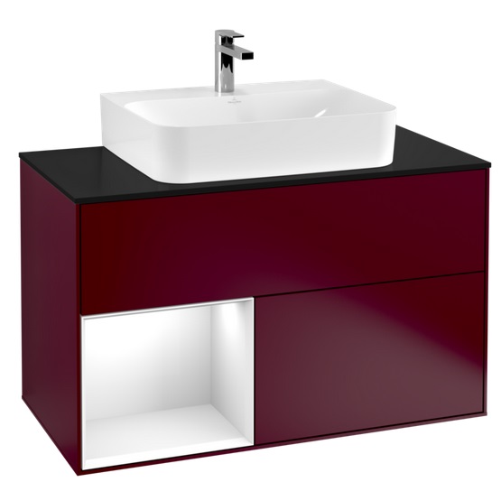 Тумба под раковину Villeroy & Boch Finion 100х50,1 см с подсветкой МДФ пион матовый лак/глянцевый белый лак/стекло черное матовое G112GFHB