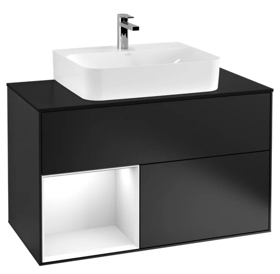 Тумба под раковину Villeroy & Boch Finion 100х50,1 см с подсветкой МДФ черный матовый лак/глянцевый белый лак/стекло черное матовое G112GFPD