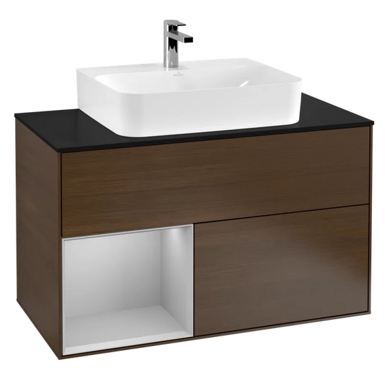 Тумба под раковину Villeroy & Boch Finion 100х50,1 см с подсветкой ДСП шпон грецкого ореха/светло-серый матовый лак/стекло черное матовое G112GJGN