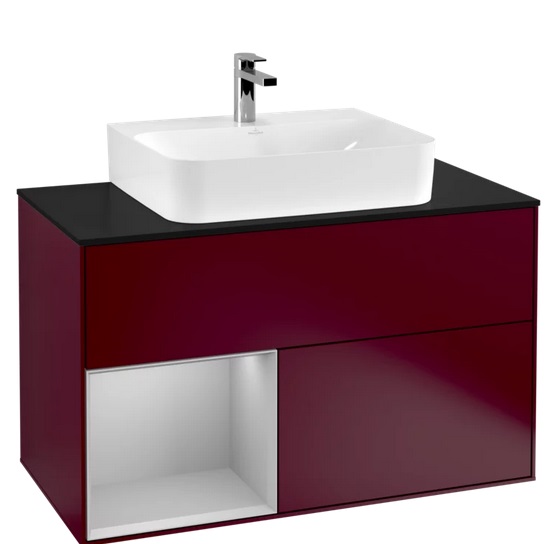 Тумба под раковину Villeroy & Boch Finion 100х50,1 см с подсветкой МДФ пион матовый лак/светло-серый матовый лак/стекло черное матовое G112GJHB