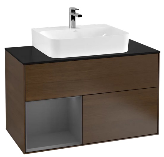 Тумба под раковину Villeroy & Boch Finion 100х50,1 см с подсветкой ДСП шпон грецкого ореха/антрацит матовый лак/стекло черное матовое G112GKGN