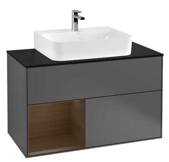 Тумба под раковину Villeroy & Boch Finion 100х50,1 см с подсветкой МДФ антрацит матовый лак/шпон грецкого ореха/стекло черное матовое G112GNGK