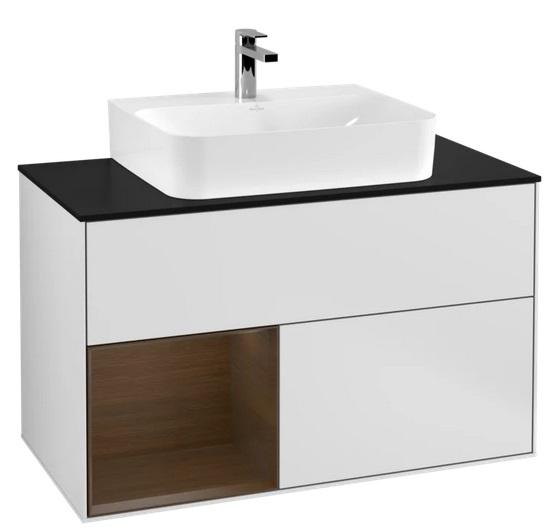 Тумба под раковину Villeroy & Boch Finion 100х50,1 см с подсветкой МДФ белый матовый лак/шпон грецкого ореха/стекло черное матовое G112GNMT